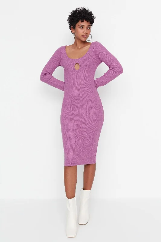 midi dresses with chic design -Purple Knit Midi Cut out Dress