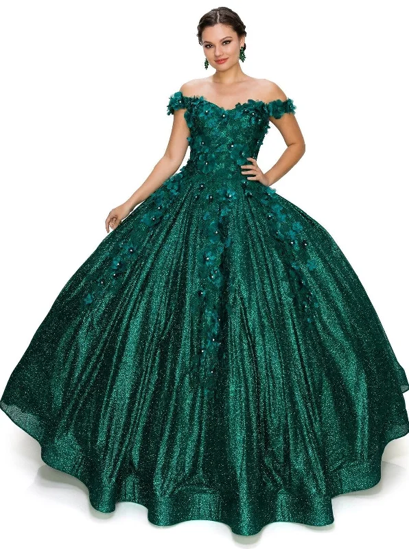 evening dress with chic sleeves -3D Floral Glitter Ball Gown by Cinderella Couture 8020J