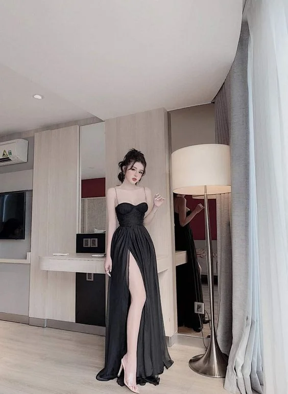 chic evening dress for women -A-line Black Spaghetti Straps Long Evening Prom Dress cc1079