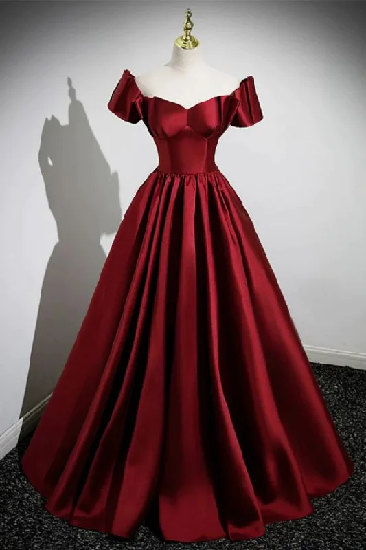 sexy evening dress for fall -A Line Burgundy Satin Floor Length Prom Dress, Off the Shoulder New Party Dress cc1349