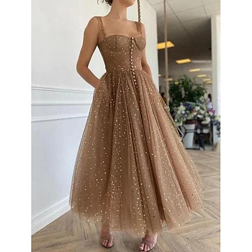 black evening dress for teens -A-Line Elegant Prom Formal Evening Dress Spaghetti Strap Scoop Neck Sleeveless Ankle Length  C1175