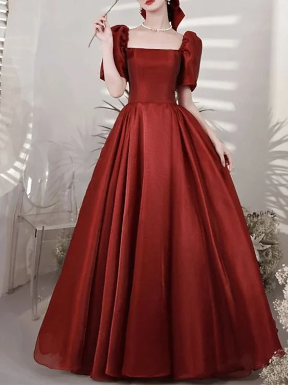 chic evening dress for women -A-Line Elegant Vintage Prom Formal Evening Dress Square Neck Short Sleeve Floor Length Satin with Pleats c2915