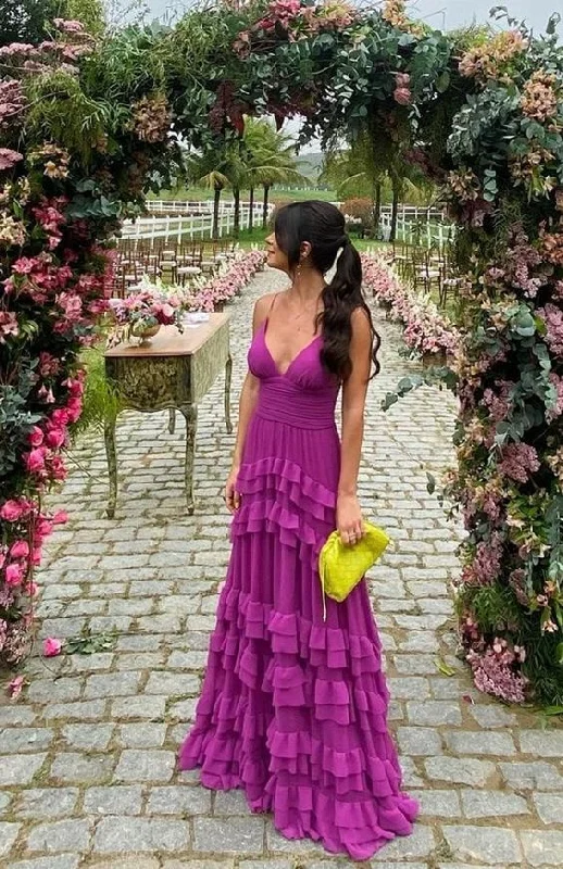 evening dress with quirky designs -A-line Purple V-neck Long Evening Prom Dress,Spaghetti Straps Prom Dress cc1040