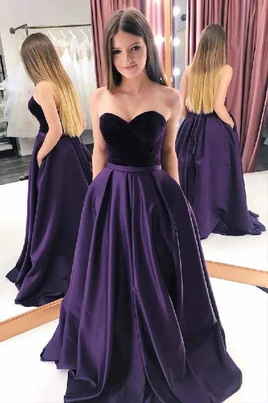 evening dress with chic trim -A-Line Purple Velvet Satin Sweetheart Long Prom Dresses With Pockets cc1029