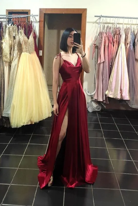 red evening dress for club -A line Straps Burgundy Satin Slit Long Prom Dress cc1292