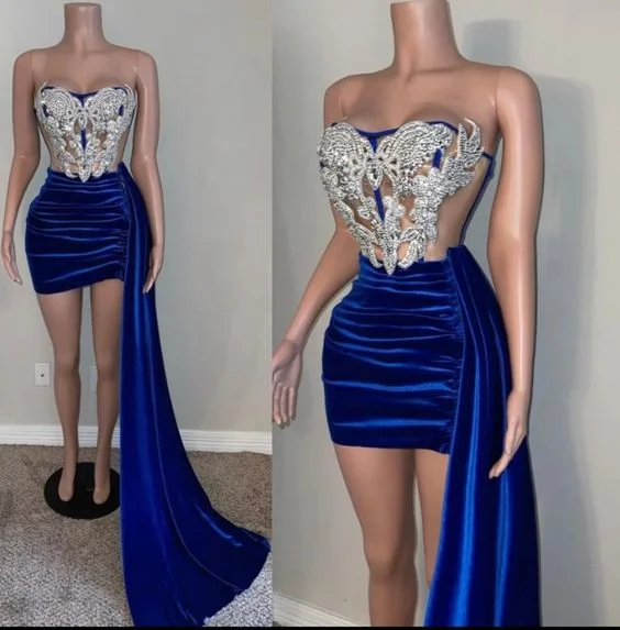 elegant evening dress for women -Applique dress with detachable train royal blue velvet see-throught party dress c3198