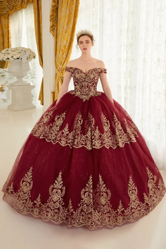 evening dress with floral sleeves -Applique Glitter Off Shoulder Ball Gown by Ladivine 15705