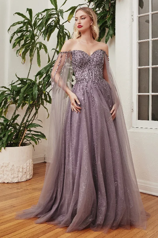 elegant evening dress for summer -Beaded Cape Sleeve Gown by Ladivine CD0204