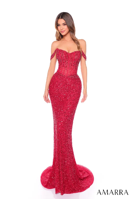 sexy evening dress for warmth -Beaded Off Shoulder Mermaid Dress by Amarra 88108