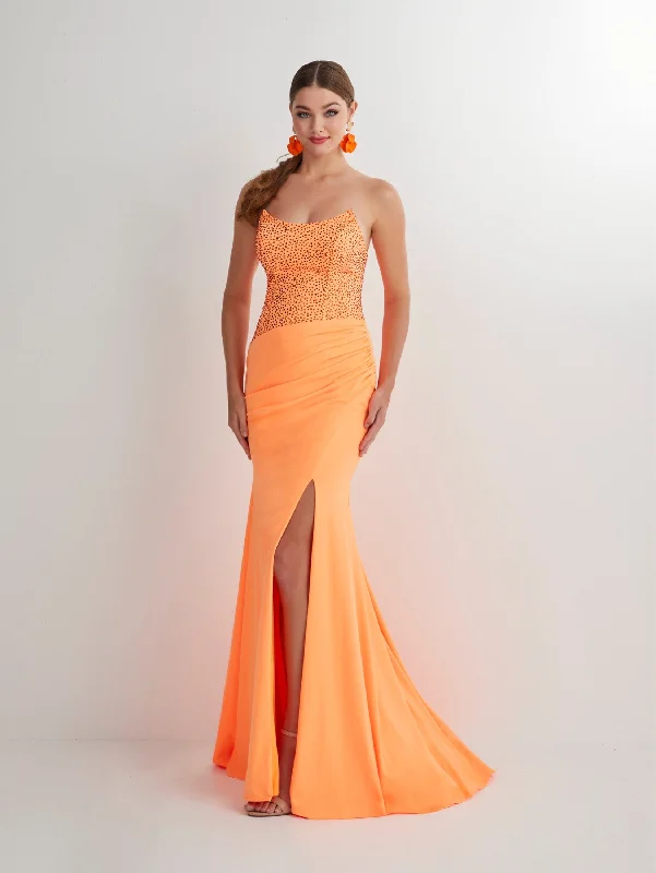 elegant evening dress for warmth -Beaded Spandex Strapless Slit Gown by Studio 17 12899