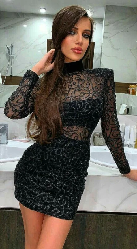 retro evening dress for style -Black Long Sleeves Short Party Dress Hollow out Lace Above Kneen Length c3323