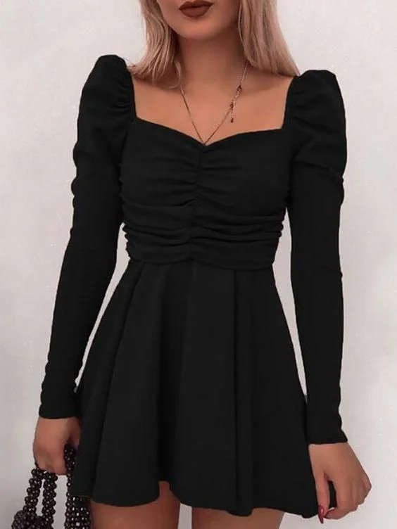 evening dress with floral frills -Black Pleated Square Neck Puff Sleeve Party Dress cc304