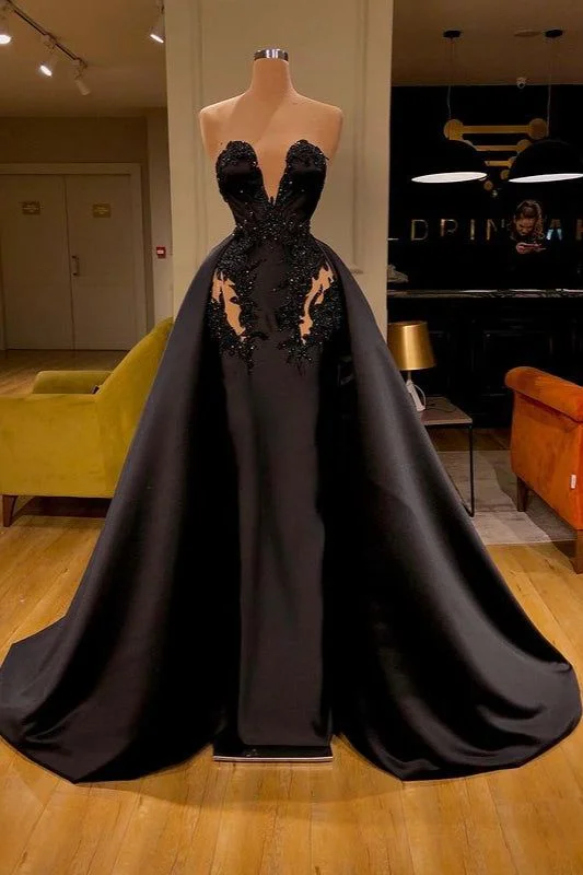 cute evening dress for warmth -Black Sweetheart Overskirt Long Evening Dress With Appliques cc491