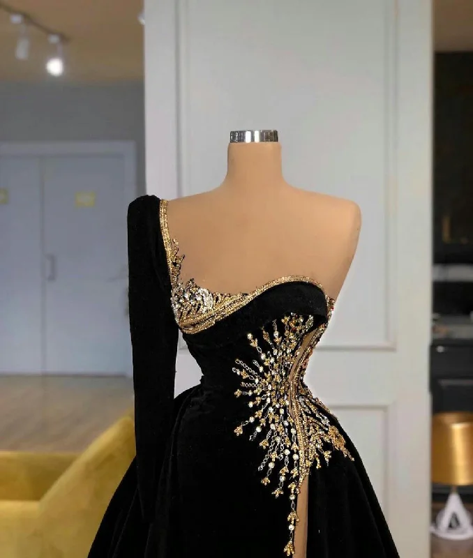 purple evening dress for drama -Black Velvet Crystal One Shoulder Evening Dress Pageant Celebrity Dress cc89