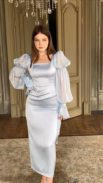 white evening dress for women -Blue Long Evening Dresses Square Neckline Long Sleeve Satin Dress cc591