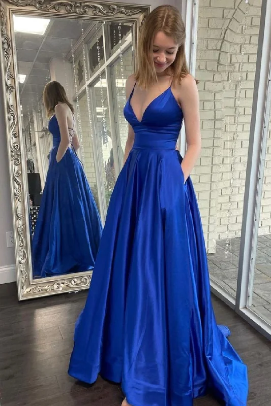 evening dress with chic sleeves -Blue Satin Long Prom Dresses, A-Line Backless Evening Dresses with Pockets cc1367