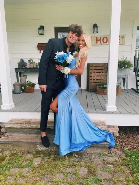 sexy evening dress for spring -Blue Satin Wedding Guest Dress Mermaid Prom Dress with Slit V Neck cc1306