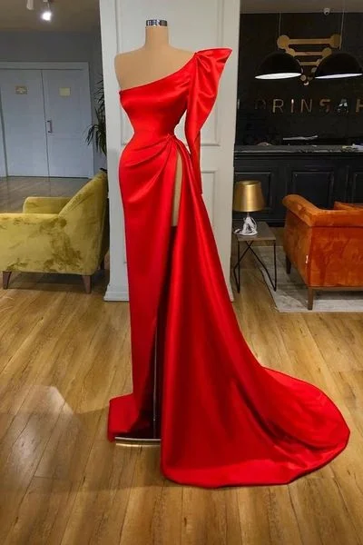 sexy evening dress for summer -Bubble Sleeve One-shoulder Red High-split Long Evening Dress c2468