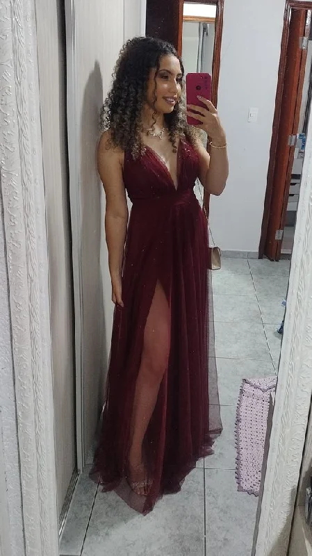 red evening dress for women -Burgundy Long Prom Dress with Slit,V Neck Formal Dress cc1278