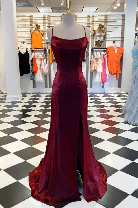 cute evening dress for style -Burgundy Strappy Mermaid High Side Slit Dress C2082