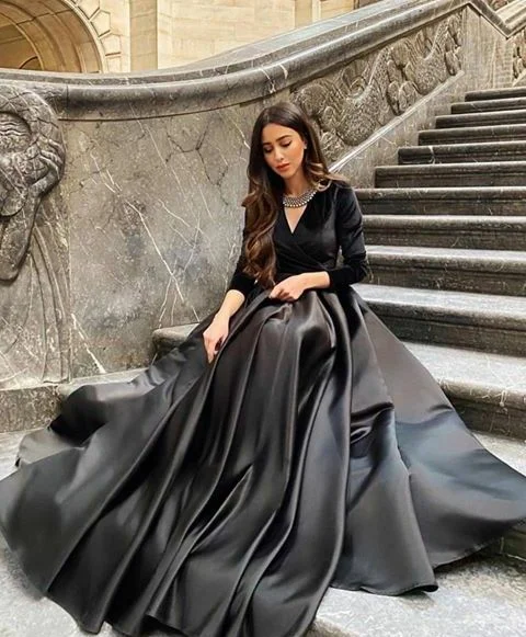 cute evening dress for warmth -Charming Black Satin And Velvet Long Sleeves Prom Dress cc1140