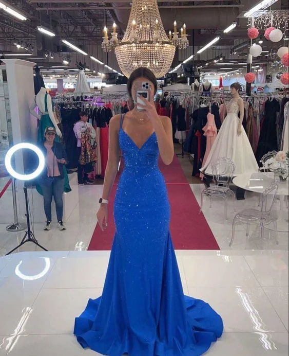 red evening dress for club -Charming Blue Mermaid Evening Dress,Blue Glam Dress cc1215