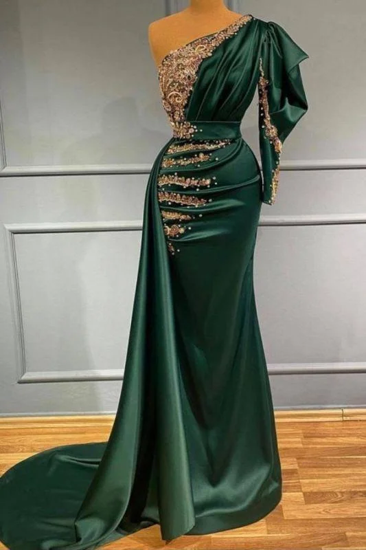 evening dress with floral frills -Charming dark green satin mermaid evening dress with gold bow appliqués pearls C2074