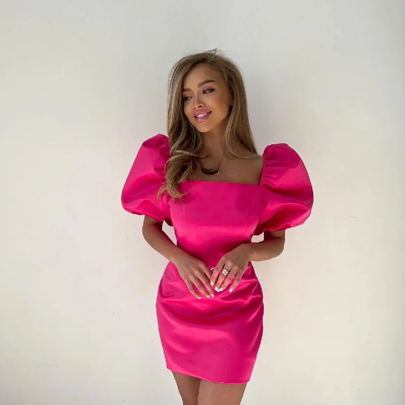 evening dress with unique ruffles -Charming Hot Pink Puffy Sleeves Party Dress cc859