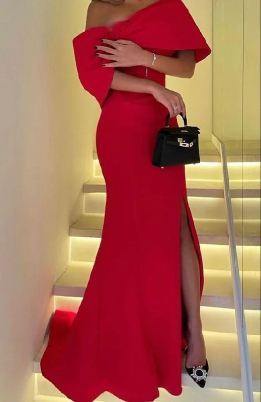 trendy evening dress for style -Charming Red Sheath Prom Dress With Split,Red Evening Dress cc1153