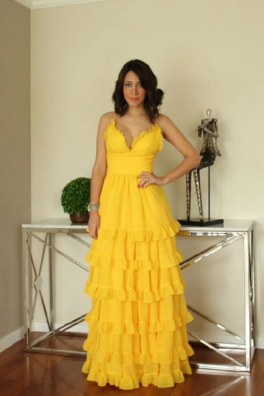 white evening dress for women -Charming Yellow A-line Tiered Ruffle Prom Dress,Yellow Graduation Dress  cc1289