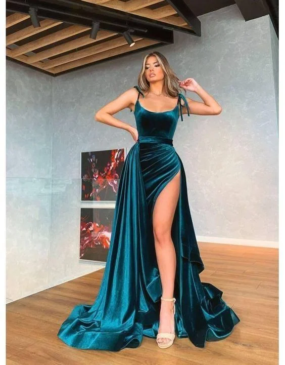 white evening dress for women -Chic A-Line Scoop Neck Hunter Green Velvet Long Prom Evening Dresses with High Split C1220