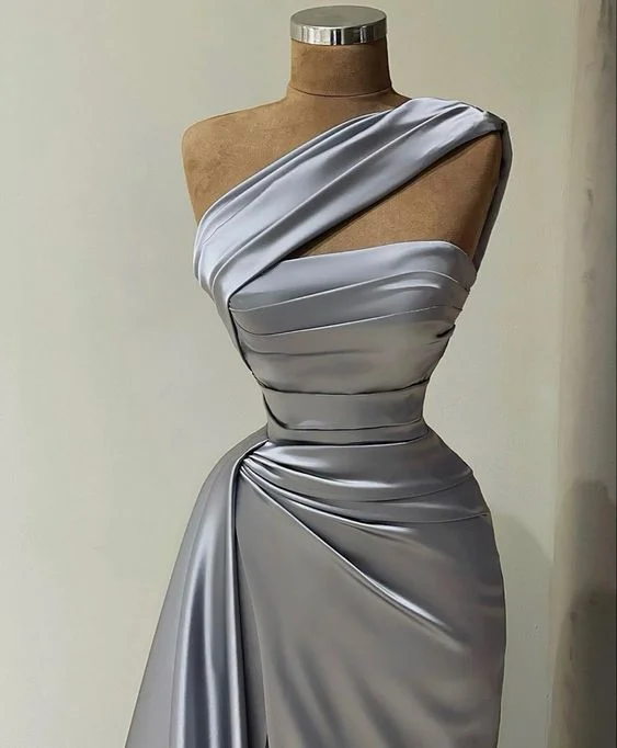 elegant evening dress for nights -Chic One Shoulder Pleated Prom Dress,Long Evening Dress cc1195