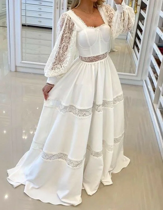 chic evening dress for women -Chic White Long Sleeves Evening Dress,White Evening Gown cc920