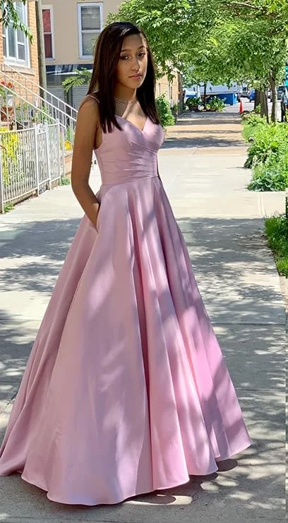 elegant evening dress for teens -Classic Pink A-line Prom Dress With Pockets,Pink Dance Dress cc1121