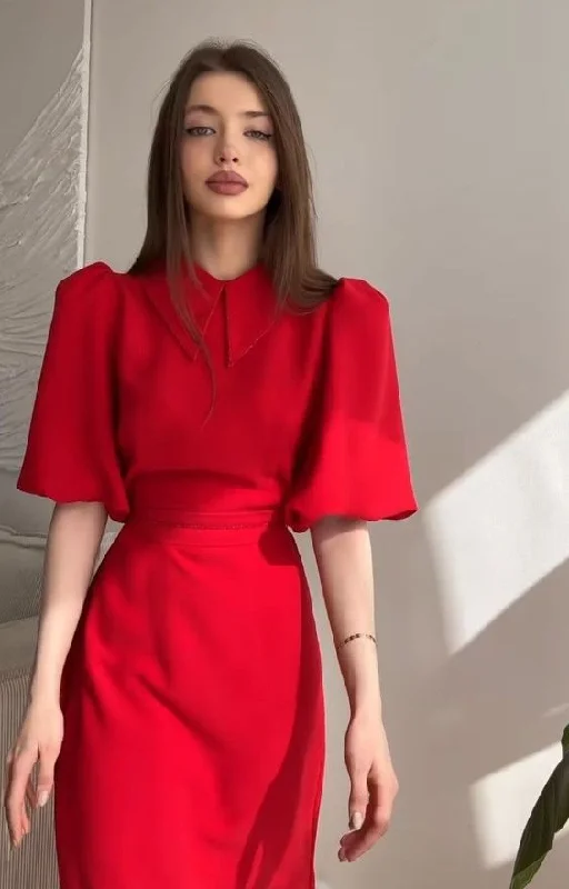 chic evening dress for warmth -Classy Red Short Sleeves Party Dress,Red Casual Dress  cc1331