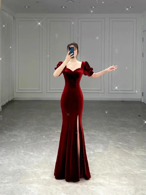 evening dress with chic sleeves -Classy Wine Red Mermaid Evening Dress With Slit  cc868