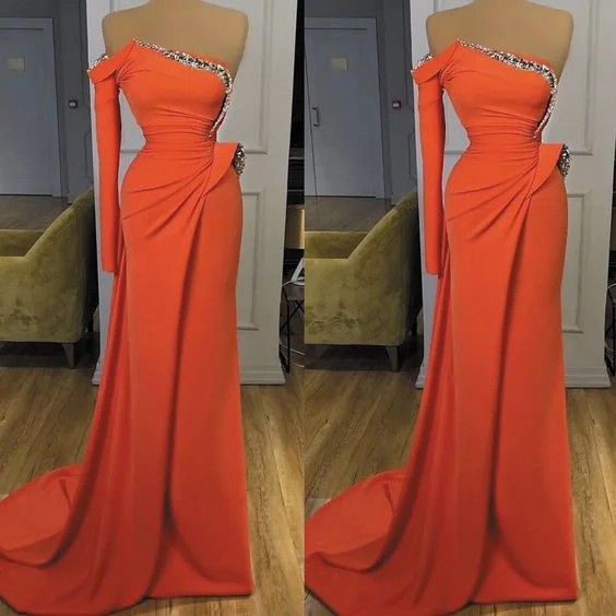 black evening dress for warmth -coral evening dresses long one shoulder beaded sparkly elegant modest mermaid evening gown C1246