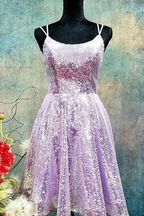 affordable evening dress for kids -Cute Lavender Sequins A-Line Short Party Dress  C1030