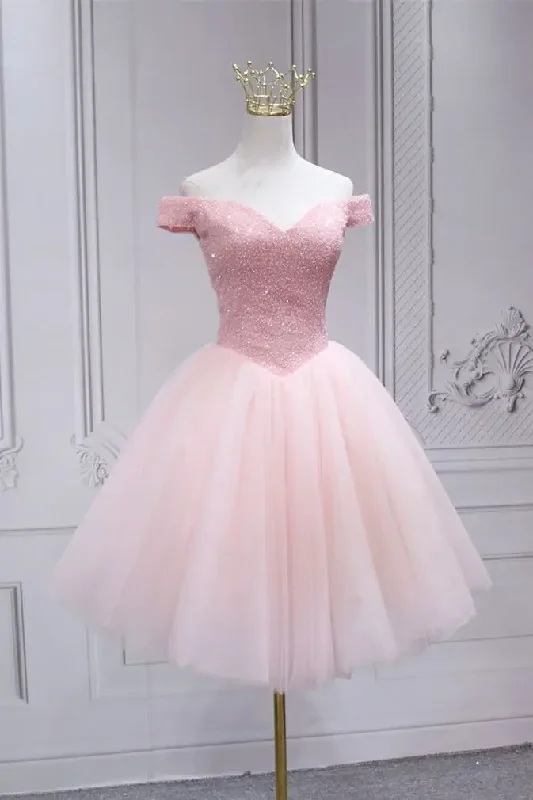 trendy evening dress for women -Cute Off the Shoulder Short Pink Party Dress  c3210