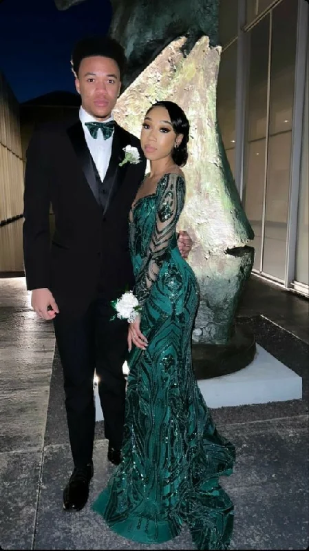 evening dress with bold designs -Dark Green Long Sleeves Mermaid Prom Dress cc1133