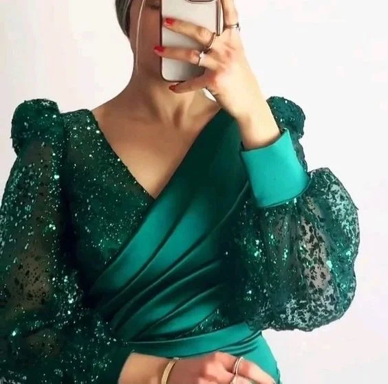 chic evening dress for summer -Dark Green Mermaid V Neck Satin Evening Dress Long Sleeves  cc1148