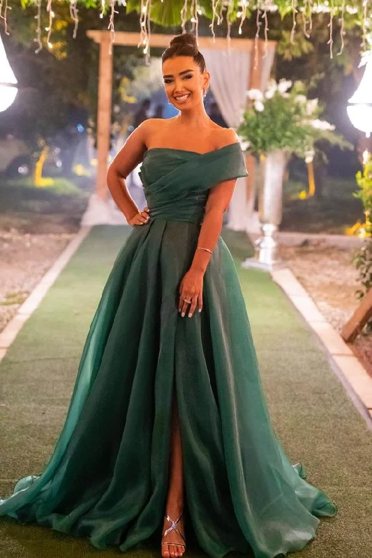 trendy evening dress for teens -Dark Green Strapless One Shoulder Front Split Evening Dress With Bowknot cc900