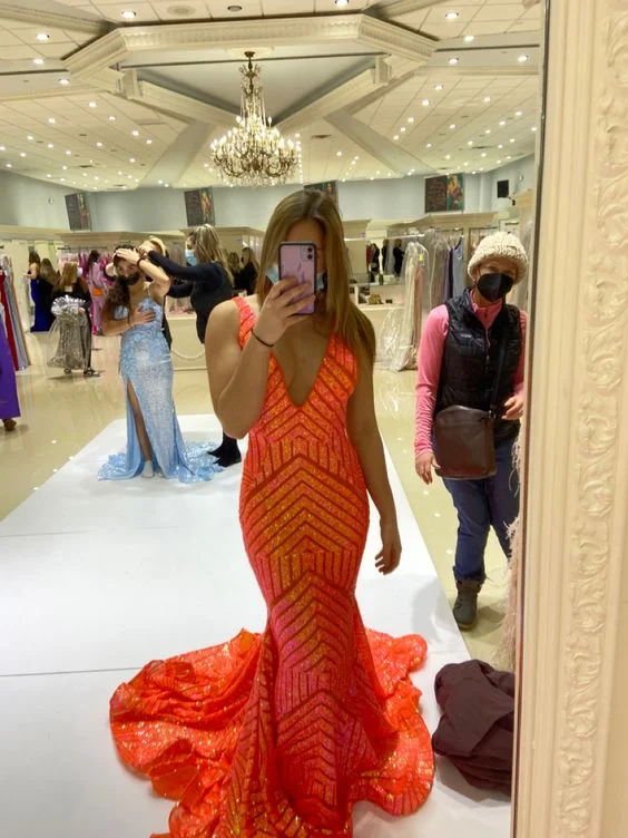 elegant evening dress for style -Deep Sequin Mermaid Orange V-neck Prom Dress cc1276