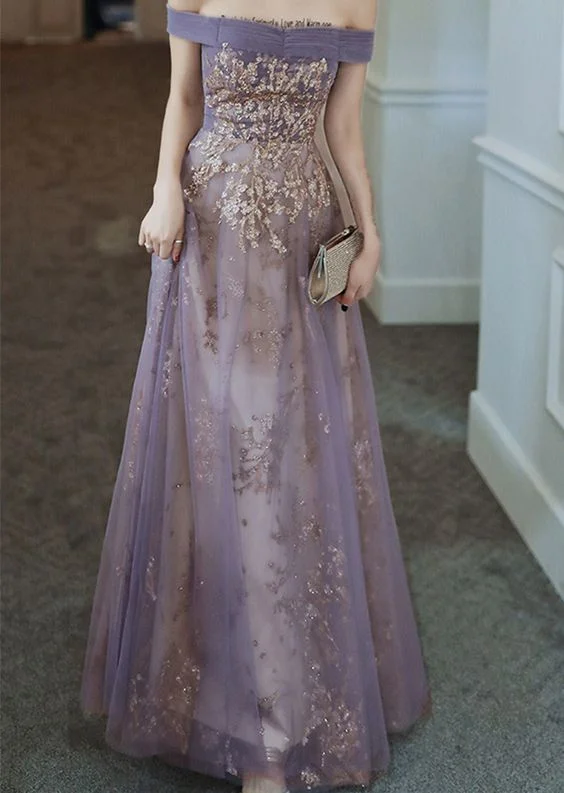 cute evening dress for style -Dreamy Purple Prom Dress off Shoulder Evening Dress Elegant Long Banquet Dress Sleeveless Party Dress Girl Graduation Dress cc1206