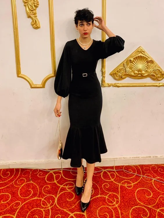 cute evening dress for women -Elegant Black Long Sleeves Mermaid Prom Dress,Black Evening Dress  cc1075