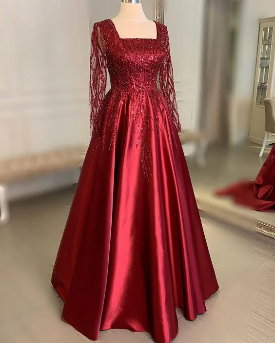 budget evening dress for teens -Elegant Burgundy Square Neckline A-line Prom Dress cc1146