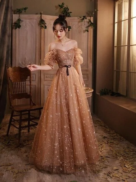 white evening dress for club -Elegant Champagne Evening Dresses Female Lanturn Sleeves Bow Lace Up Long French Style Ball Gowns C1945