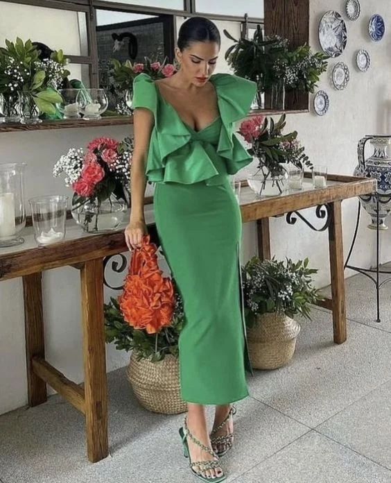 evening dress with bold sleeves -Elegant Green Sheath Prom Dress,Green Wedding Guest Outfit cc1346