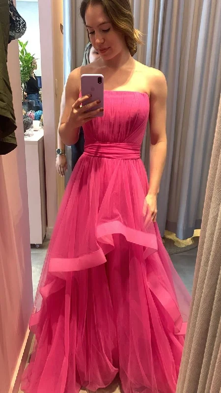 cute evening dress for warmth -Elegant Hot Pink Strapless A-line Evening Dress,Princess Dress  cc712