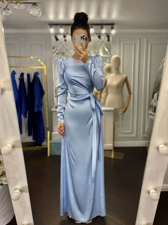 trendy evening dress for club -Elegant Light Blue Floor long Silk Dress, Light Blue Silk Evening Dress cc877